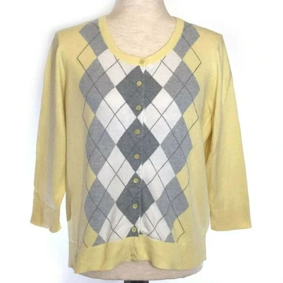 Talbots Argyle Cardigan Sweater Medium, Yellow/Gray Pattern - Picture 2 of 7